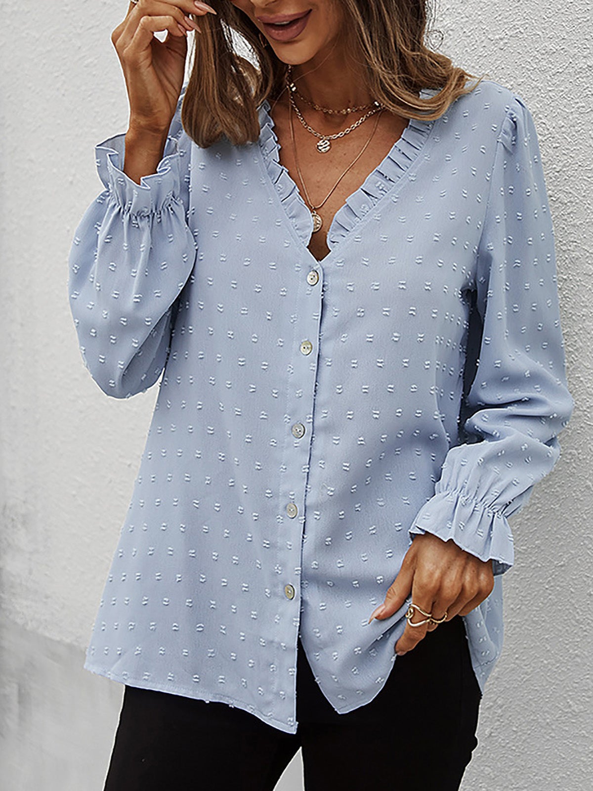 Women's Blouses Solid V-Neck Button Jacquard Long Sleeve Blouse - LuckyFash™