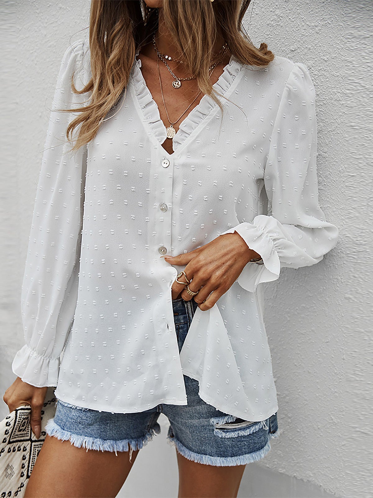 Women's Blouses Solid V-Neck Button Jacquard Long Sleeve Blouse - LuckyFash™