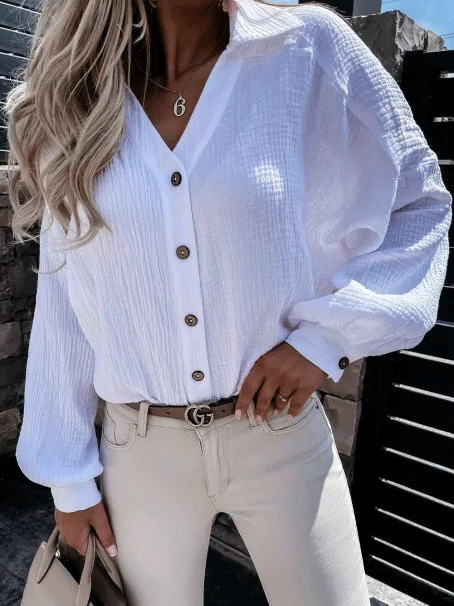 Women's Blouses Solid V-Neck Button Lantern Sleeve Blouse - LuckyFash™