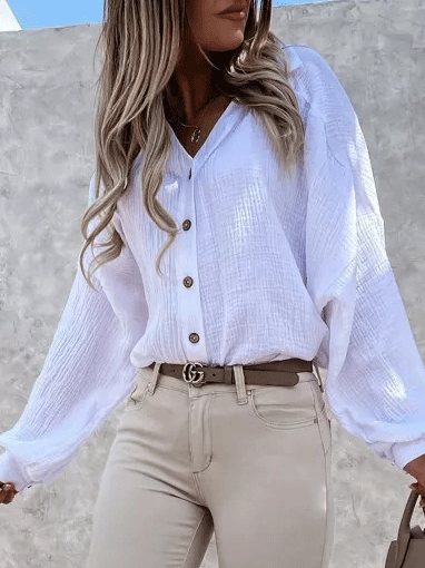 Women's Blouses Solid V-Neck Button Lantern Sleeve Blouse - LuckyFash™