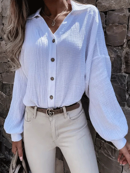 Women's Blouses Solid V-Neck Button Lantern Sleeve Blouse - LuckyFash™