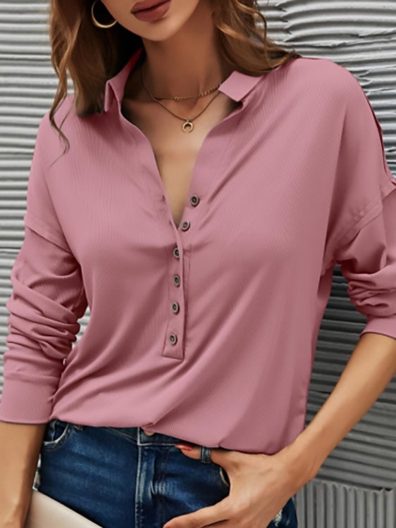 Women's Blouses Solid V-Neck Button Long Sleeve Blouse - LuckyFash™