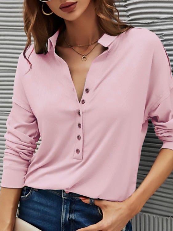 Women's Blouses Solid V-Neck Button Long Sleeve Blouse - LuckyFash™