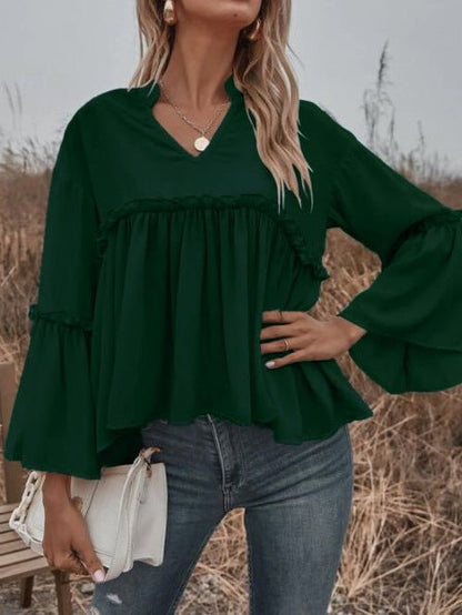 Women's Blouses Solid V-Neck Flared Long Sleeve Chiffon Blouse - LuckyFash™