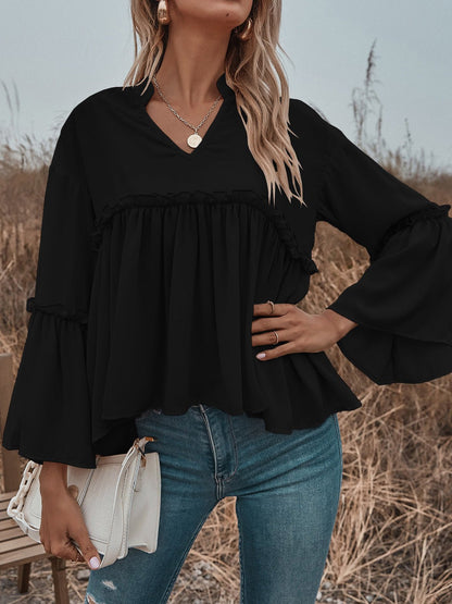 Women's Blouses Solid V-Neck Flared Long Sleeve Chiffon Blouse - LuckyFash™