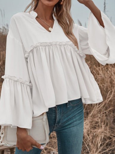 Women's Blouses Solid V-Neck Flared Long Sleeve Chiffon Blouse - LuckyFash™