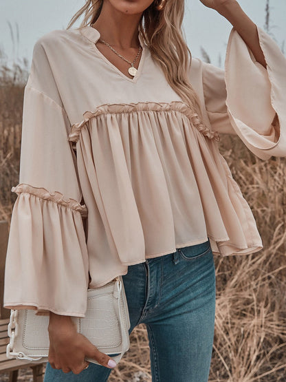 Women's Blouses Solid V-Neck Flared Long Sleeve Chiffon Blouse - LuckyFash™