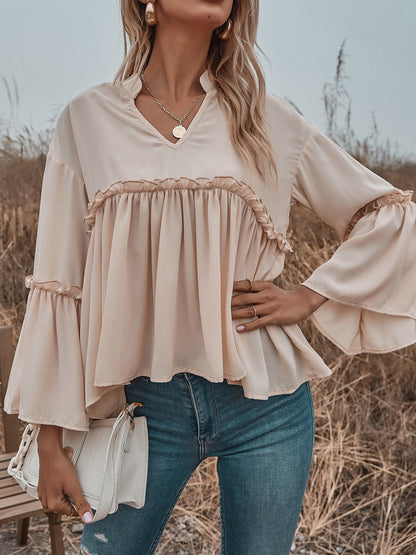 Women's Blouses Solid V-Neck Flared Long Sleeve Chiffon Blouse - LuckyFash™