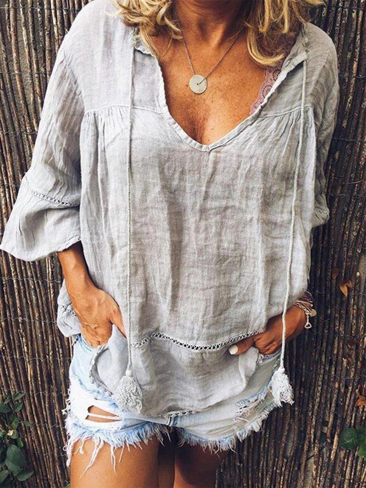 Women's Blouses Solid V-Neck Hollow Long Sleeve Blouse - LuckyFash™