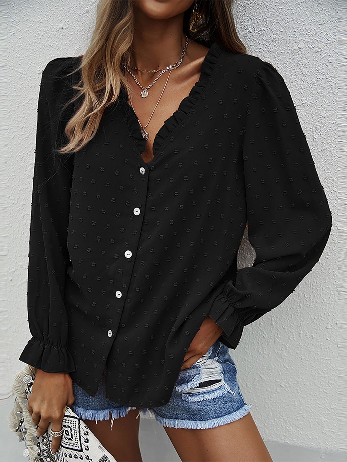 Women's Blouses Solid V-Neck Jacquard Long Sleeve Blouse - LuckyFash™