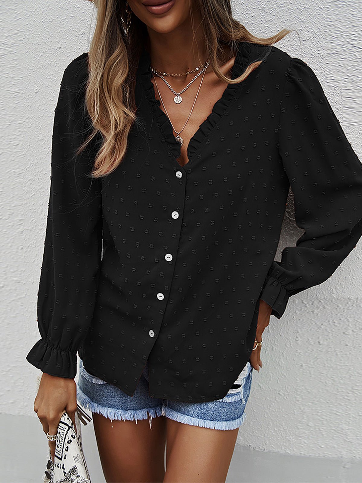 Women's Blouses Solid V-Neck Jacquard Long Sleeve Blouse - LuckyFash™