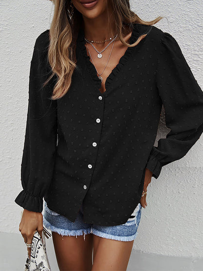 Women's Blouses Solid V-Neck Jacquard Long Sleeve Blouse - LuckyFash™