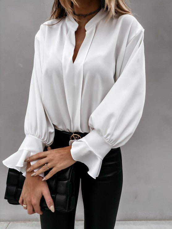 Blouses Solid V-Neck Ruffle Long Sleeve Blouse - LuckyFash™