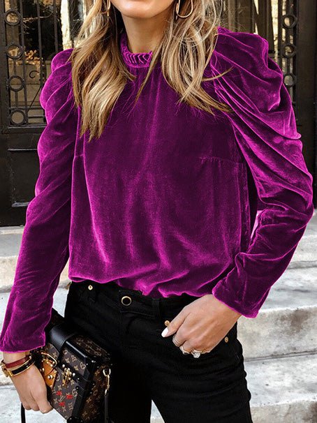 Blouses Solid Velvet Bubble Long Sleeve Blouse - LuckyFash™