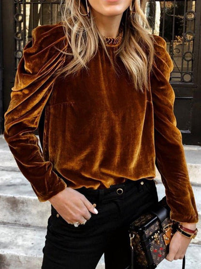 Blouses Solid Velvet Bubble Long Sleeve Blouse - LuckyFash™