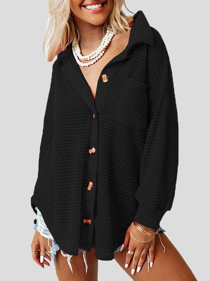 Women's Blouses Solid Waffle Button Long Sleeve Blouse - LuckyFash™