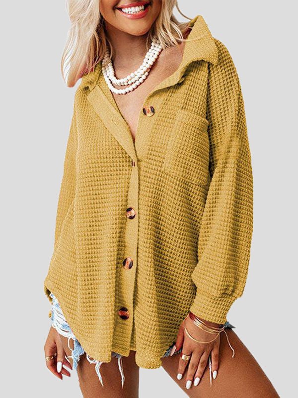 Women's Blouses Solid Waffle Button Long Sleeve Blouse - LuckyFash™