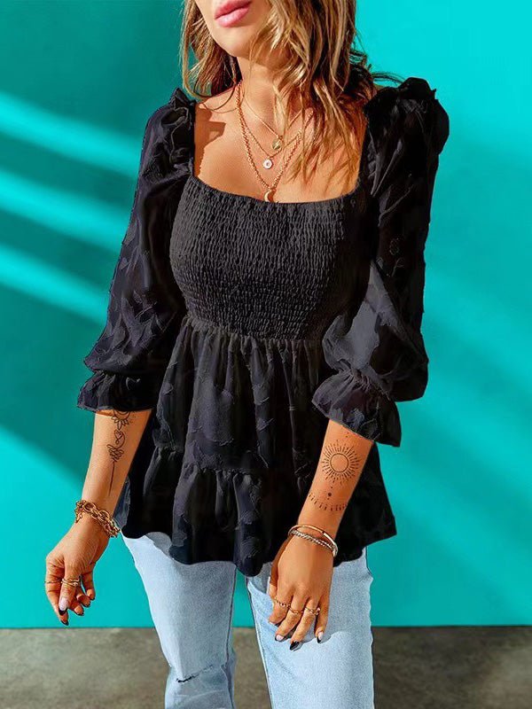 Women's Blouses Square Neck Long Sleeve Ruffled Chiffon Blouse - LuckyFash™