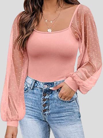 Women's Blouses Square Neck Mesh Panel Balloon Sleeves Blouse - LuckyFash™