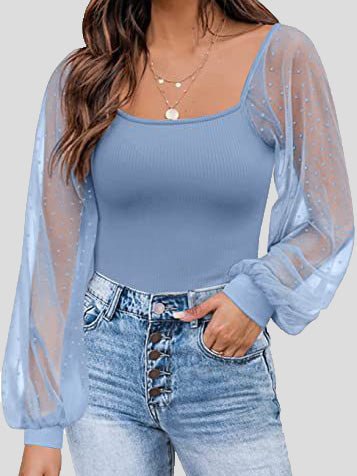 Women's Blouses Square Neck Mesh Panel Balloon Sleeves Blouse - LuckyFash™