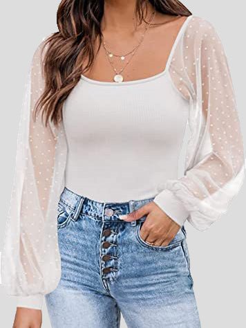 Women's Blouses Square Neck Mesh Panel Balloon Sleeves Blouse - LuckyFash™