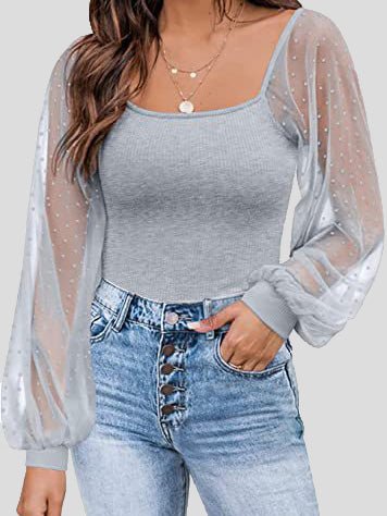 Women's Blouses Square Neck Mesh Panel Balloon Sleeves Blouse - LuckyFash™