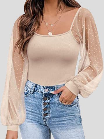 Women's Blouses Square Neck Mesh Panel Balloon Sleeves Blouse - LuckyFash™