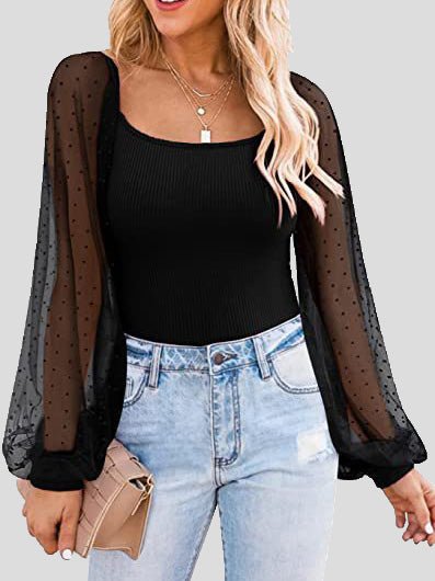 Women's Blouses Square Neck Mesh Panel Balloon Sleeves Blouse - LuckyFash™