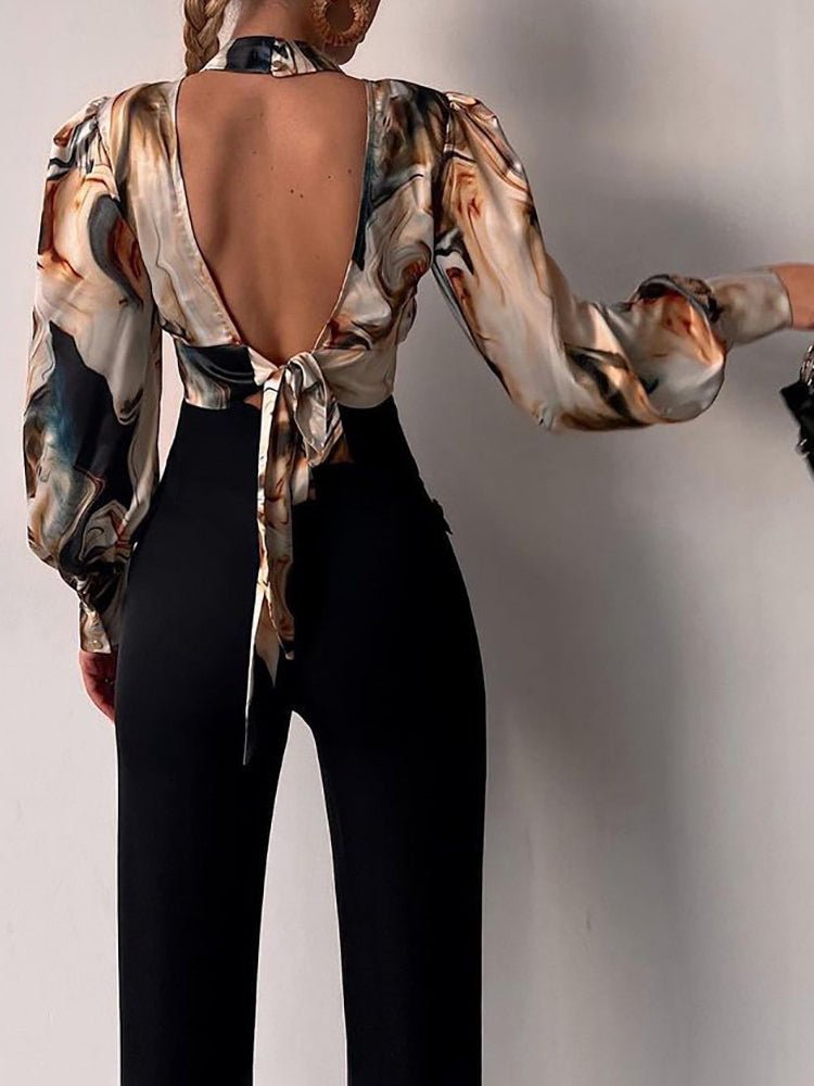 Women's Blouses Stand Collar Hollow Balloon Sleeve Bare Back Blouse - LuckyFash™