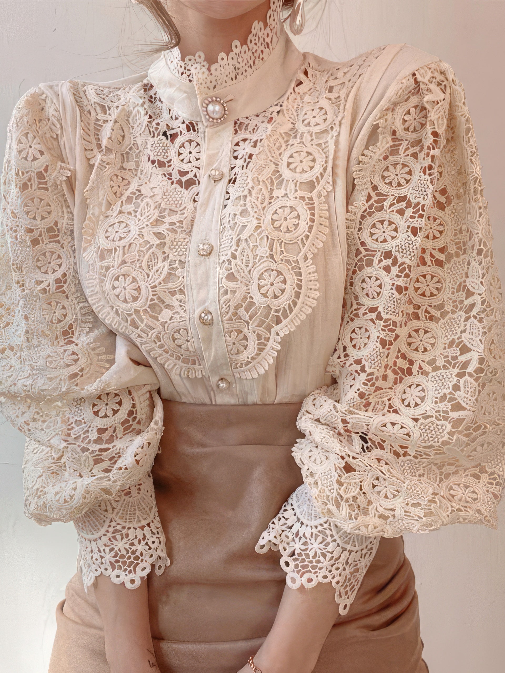 Blouses Stand Collar Hollow Lace Pearl Button Blouses - LuckyFash™