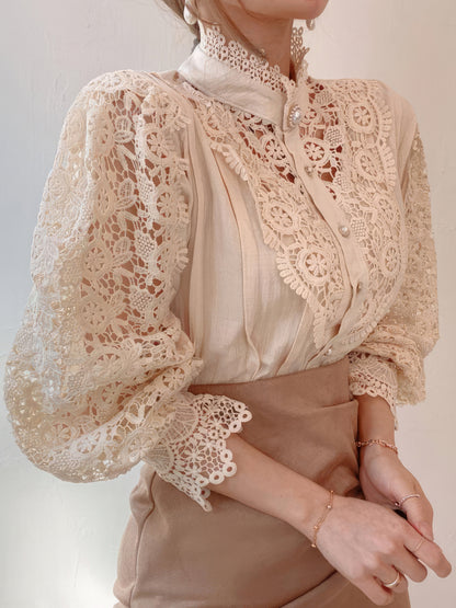 Blouses Stand Collar Hollow Lace Pearl Button Blouses - LuckyFash™