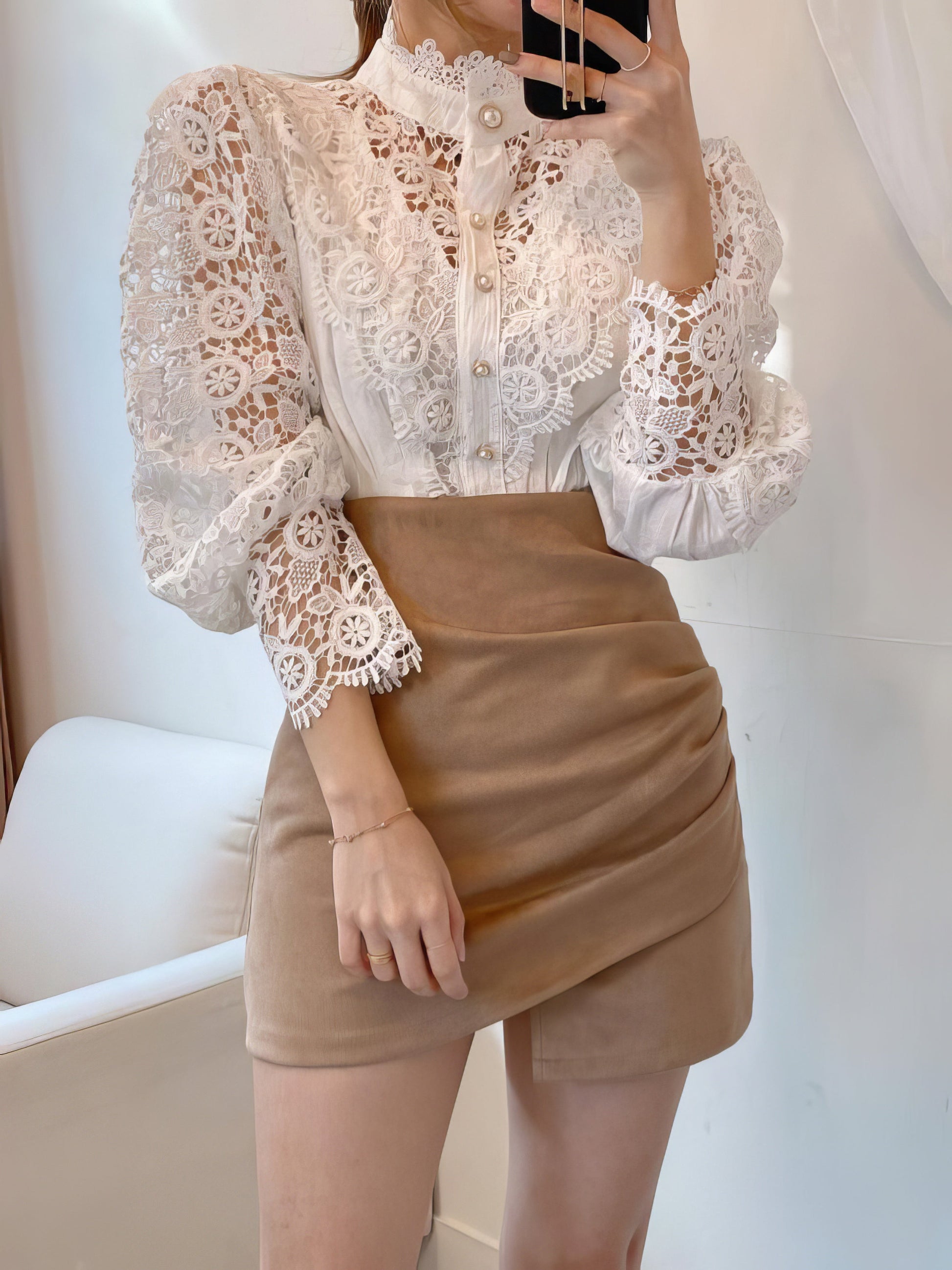 Blouses Stand Collar Hollow Lace Pearl Button Blouses - LuckyFash™