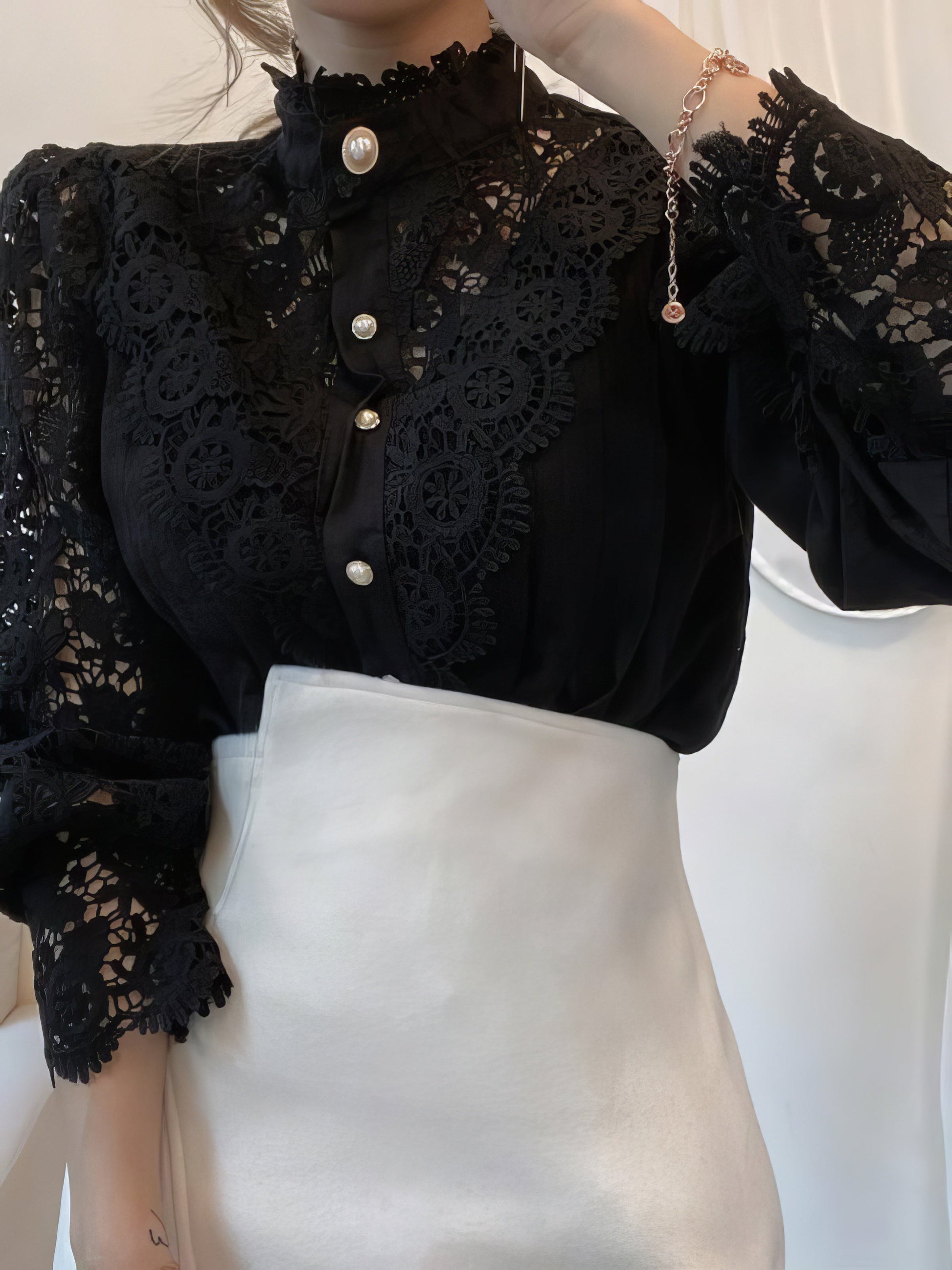 Blouses Stand Collar Hollow Lace Pearl Button Blouses - LuckyFash™