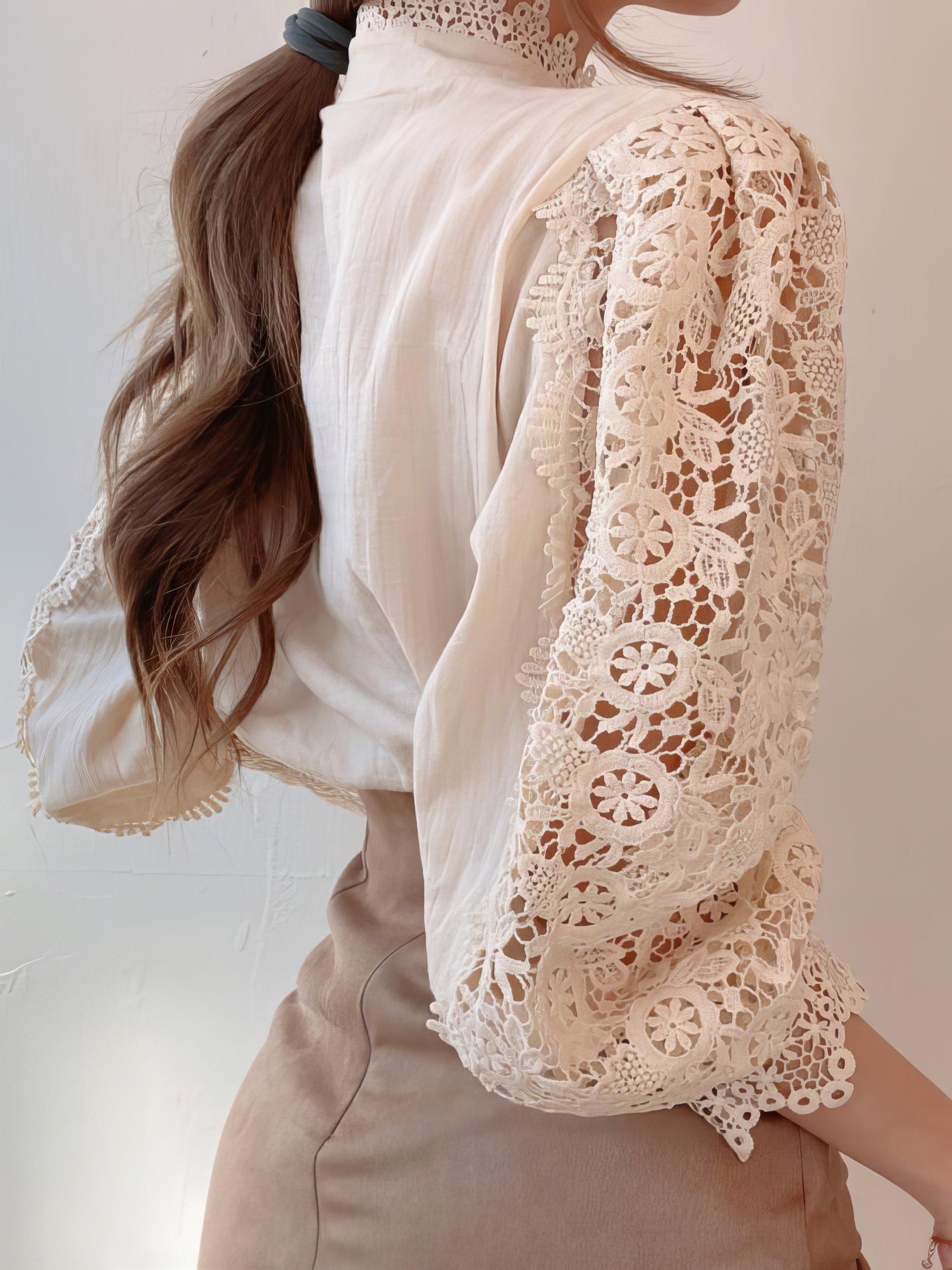 Blouses Stand Collar Hollow Lace Pearl Button Blouses - LuckyFash™