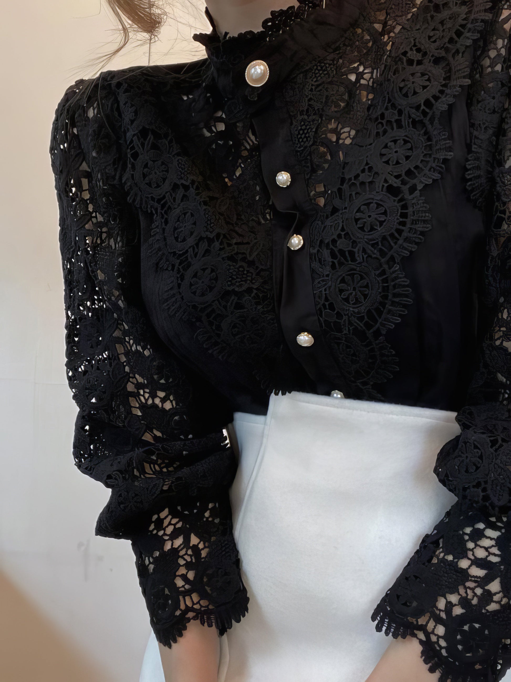 Blouses Stand Collar Hollow Lace Pearl Button Blouses - LuckyFash™