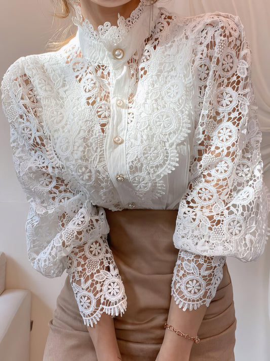 Blouses Stand Collar Hollow Lace Pearl Button Blouses - LuckyFash™