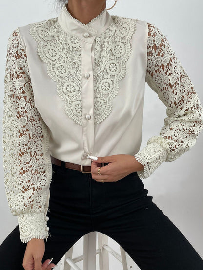 Women's Blouses Stand Collar Lace Cutout Long Sleeve Blouse - LuckyFash™