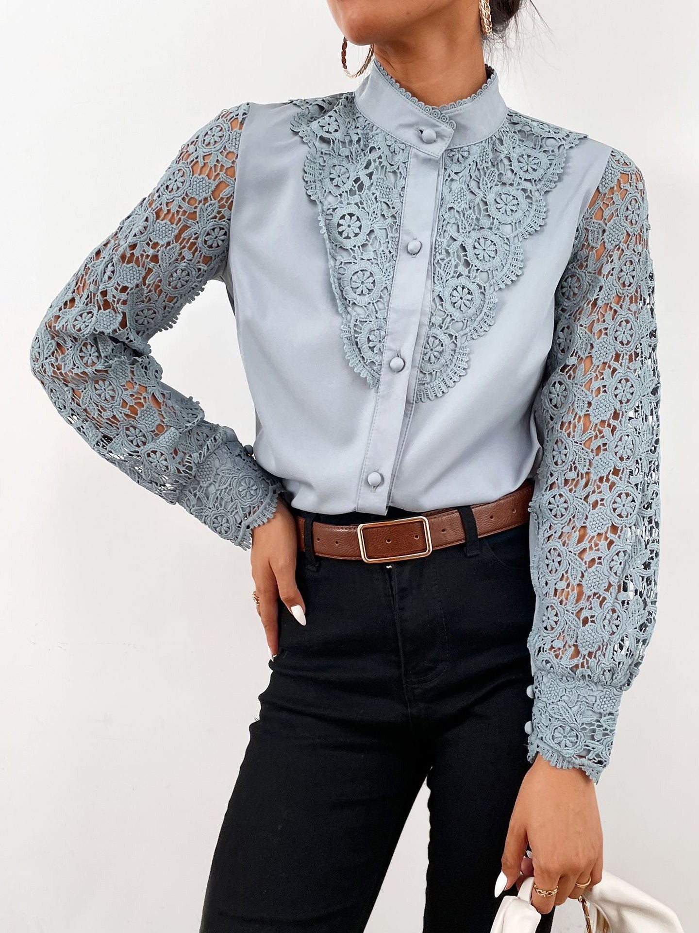 Women's Blouses Stand Collar Lace Cutout Long Sleeve Blouse - LuckyFash™