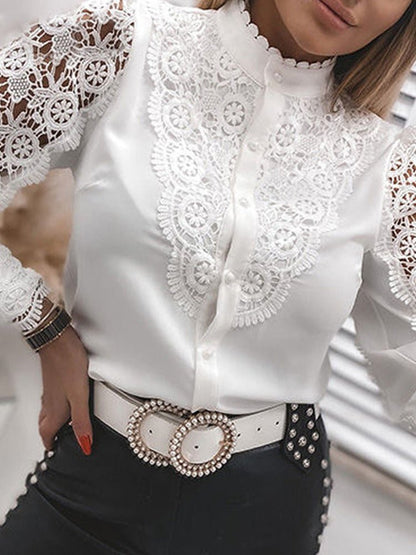 Women's Blouses Stand Collar Lace Cutout Long Sleeve Blouse - LuckyFash™