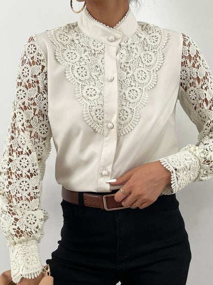 Women's Blouses Stand Collar Lace Cutout Long Sleeve Blouse - LuckyFash™