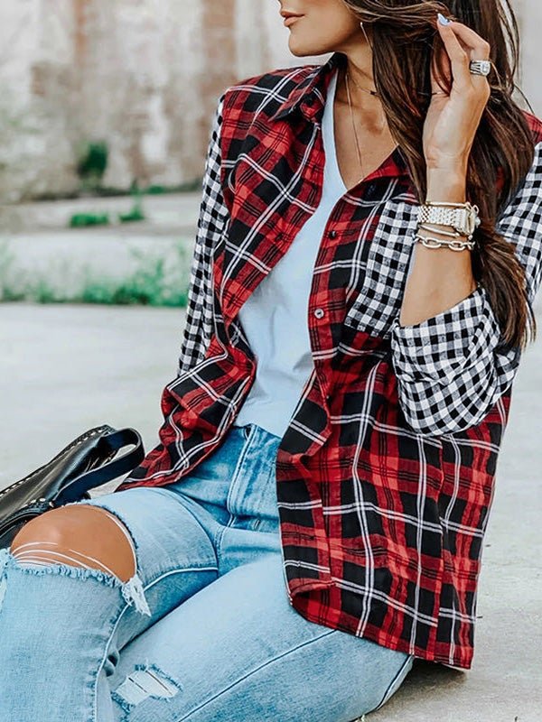 Women's Blouses Stand Collar Plaid Pocket Long Sleeve Blouse - LuckyFash™