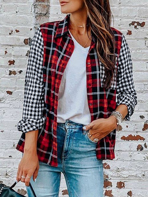 Women's Blouses Stand Collar Plaid Pocket Long Sleeve Blouse - LuckyFash™