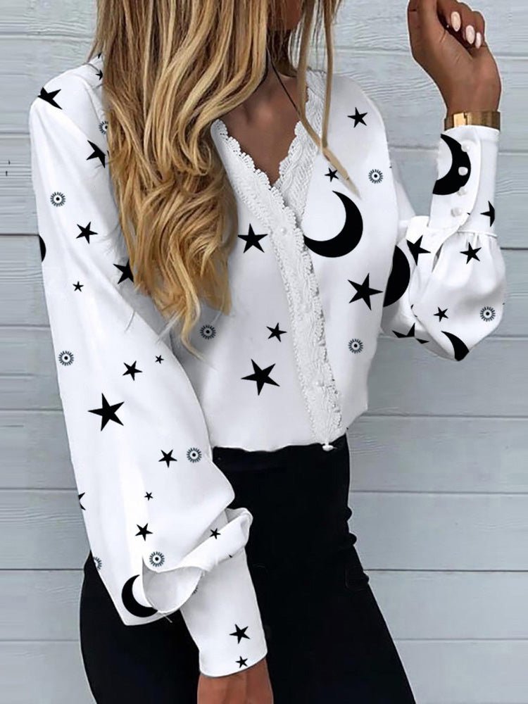 Blouses Star Moon Print Lace Long Sleeve Blouse - LuckyFash™