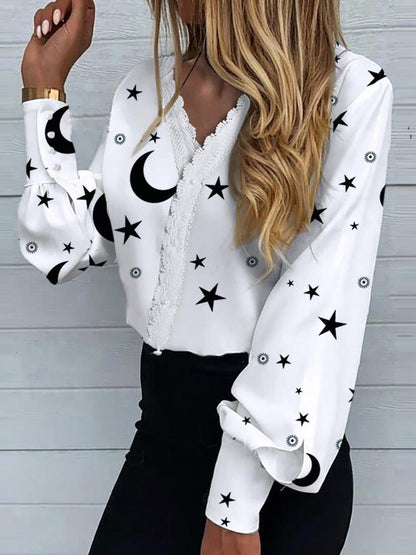 Blouses Star Moon Print Lace Long Sleeve Blouse - LuckyFash™