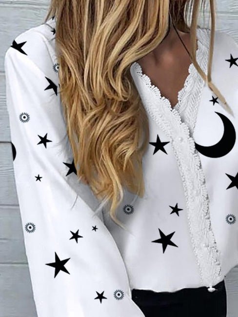 Blouses Star Moon Print Lace Long Sleeve Blouse - LuckyFash™