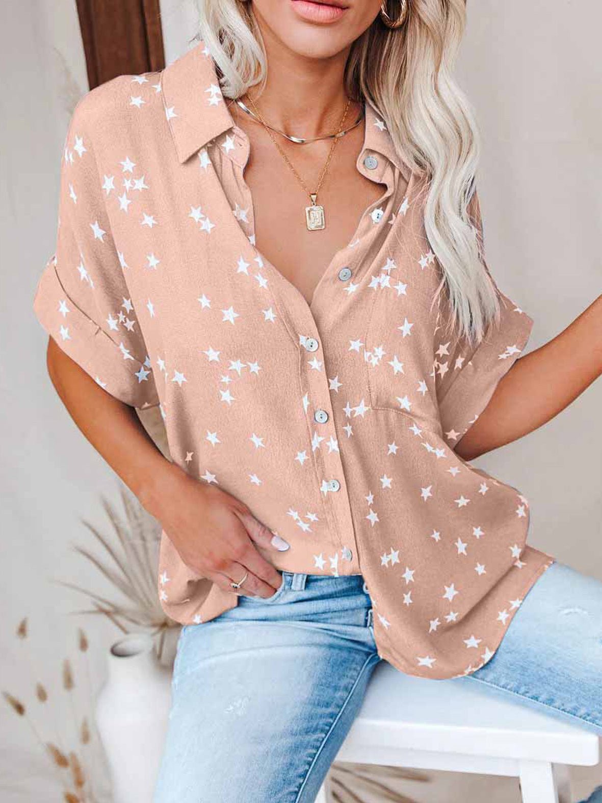 Women's Blouses Star Print V-Neck Breasted Doll Sleeve Blouse - LuckyFash™