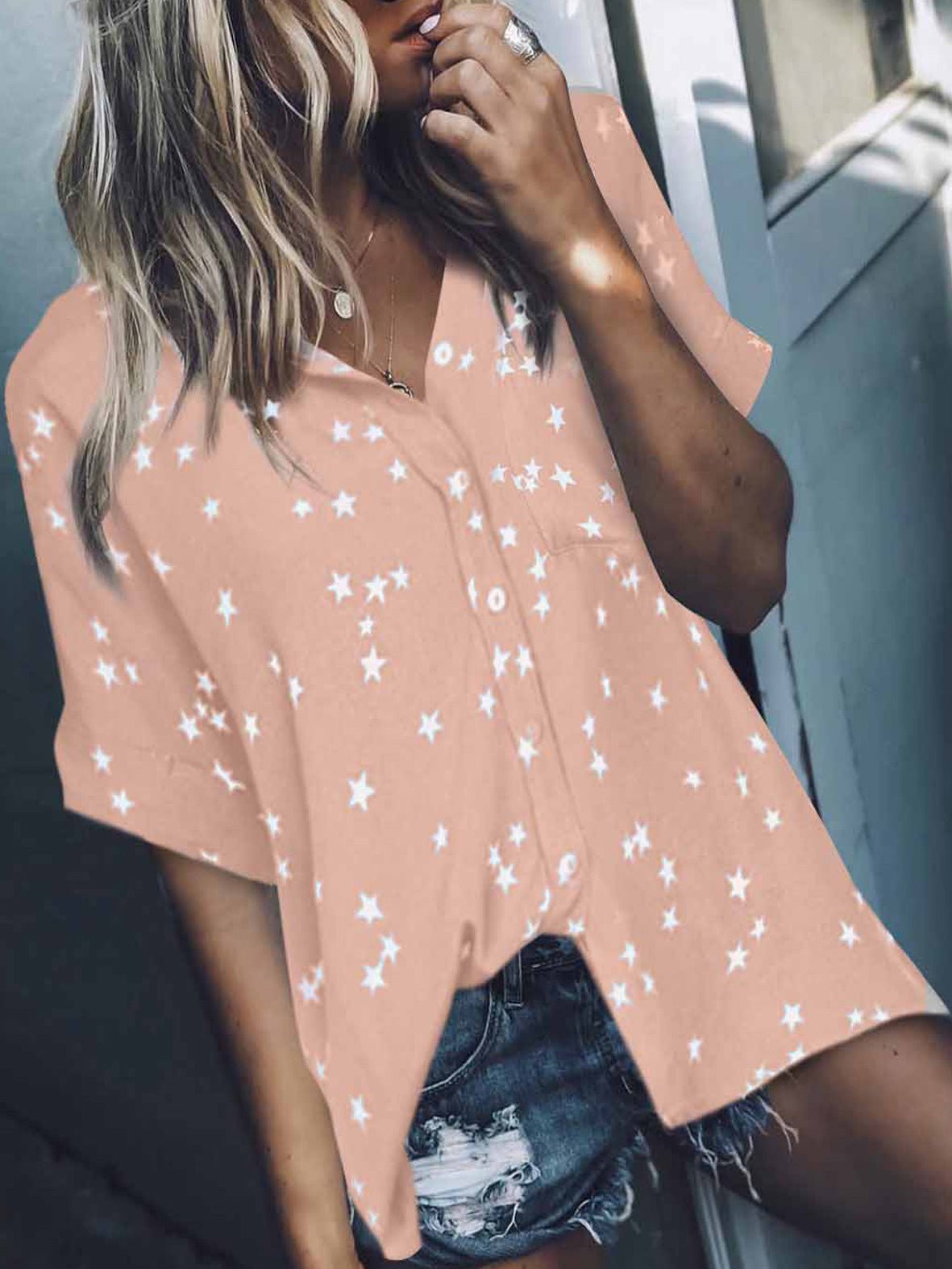 Women's Blouses Star Print V-Neck Breasted Doll Sleeve Blouse - LuckyFash™