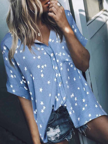 Women's Blouses Star Print V-Neck Breasted Doll Sleeve Blouse - LuckyFash™