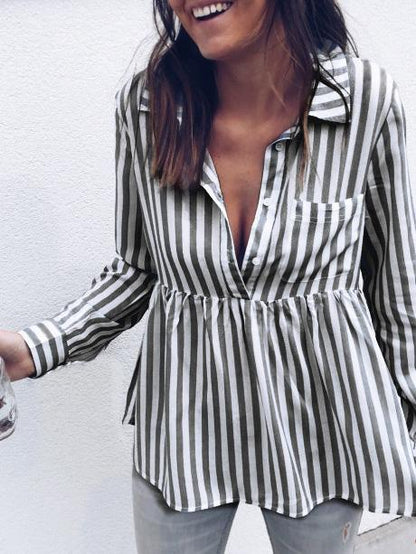 Women's Blouses Striped Button Pocket Long Sleeve Blouse - LuckyFash™