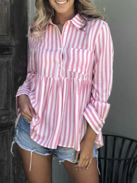 Women's Blouses Striped Button Pocket Long Sleeve Blouse - LuckyFash™